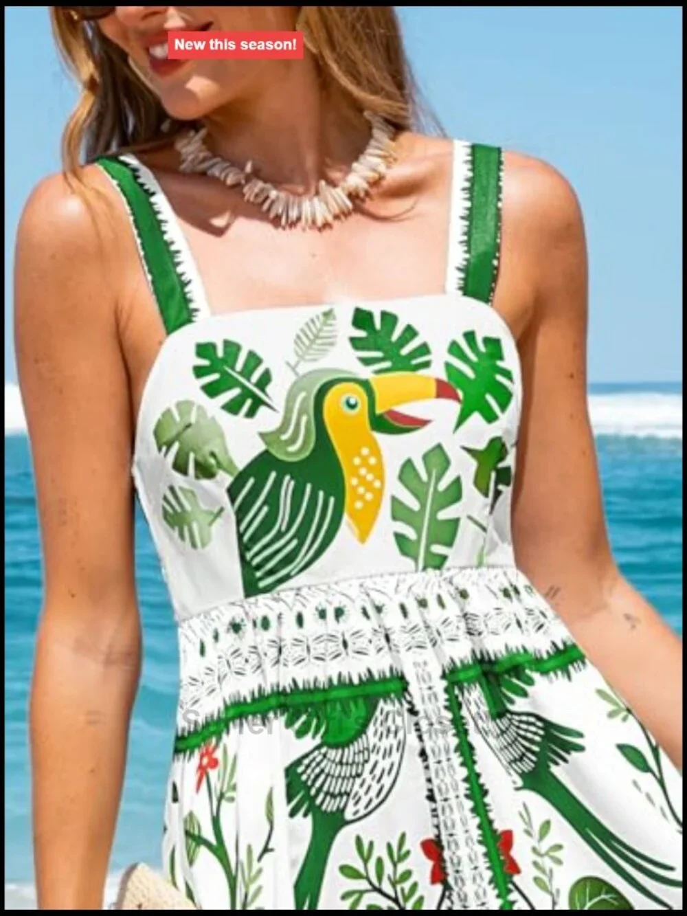 Sleeveless Square Neck Tropical Maxi Dress with Elastic Waist - A-Line Flowy